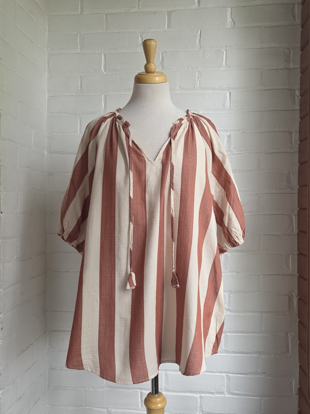 Knox Rose Balloon Short Sleeve Striped Top Red Cream Boho Peasant Cotton Size XL